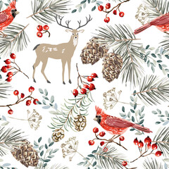 Wall Mural - christmas seamless pattern, cardinal birds, deer animal, red berries, fir twigs, cedar cones, white 