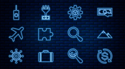 Poster - Set line Return of investment, Mountains, Product development, Piece puzzle, Plane, Remote control, Magnifying glass and Lead management icon. Vector