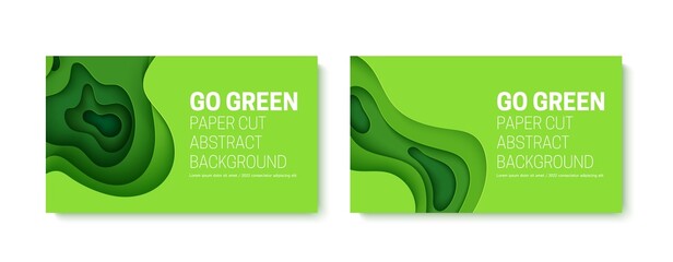 Go green abstract background in paper cut style. 3d layout wallpaper cut out from cardboard. Modern template with abstract curve shapes. Vector environmental card with papercut waves for eco poster.