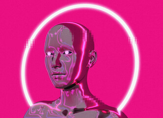 Aufkleber - Sci-fi style woman with a neon nimbus around her head. Concept of the artificial intelligence or robot. 3D illustration.