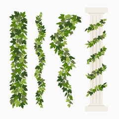 Wall Mural - Ivy vines, and a greek antique column entwined with ivy, elements isolated on white background. Vector illustration in flat cartoon style