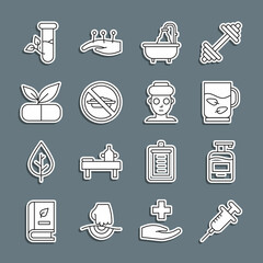 Sticker - Set line Syringe, Bottle of liquid soap, Cup tea and leaf, Bathtub, Food no diet, Medical pill with plant, Laboratory glass leaves and Facial cosmetic mask icon. Vector