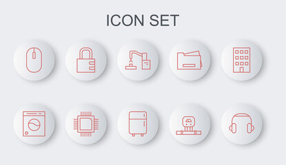 Poster - set line headphones, washer, robotic robot arm hand factory, smart sensor, computer mouse, safe comb
