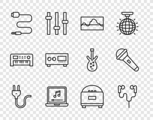 Sticker - Set line Electric plug, Air headphones, Music wave equalizer, Laptop with music note, Audio jack, Guitar amplifier, Stereo speaker and Microphone icon. Vector