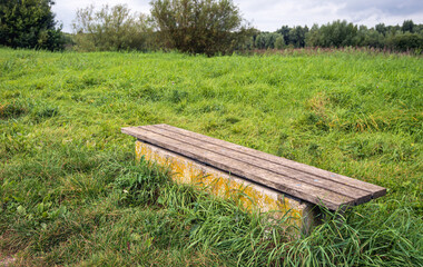 Wall Mural - Simple bench in the grass diagonally across the image. The photo was taken in a Dutch nature reserve on a cloudy day at the end of the summer season.