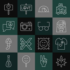 Sticker - Set line Marijuana, Peace t-shirt print stamp, Hippie girl, Tourist tent, Photo camera, Speech bubble chat, and Glasses icon. Vector