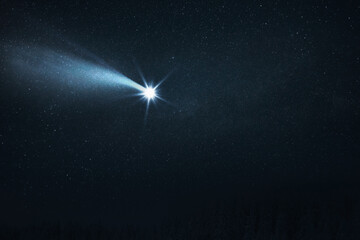 Poster - Comet flies in the starry sky at night. Falling glowing star. Christmas holidays concept. Space wallpaper