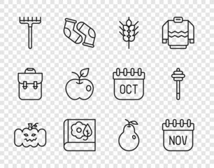 Wall Mural - Set line Pumpkin, November calendar autumn, Wheat, Herbarium, Garden rake, Apple, Pear and Honey dipper stick icon. Vector