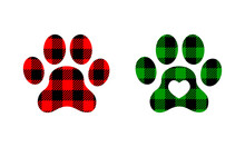 Dog Paw Silhouettes With Christmas Buffalo Patterns. Canine Footprints With Gingham Checkered Print. Vector Flat Illustration.
