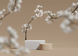 3D background, beige podium. Round display, sakura white flower tree branch. Cosmetic or beauty product promotion step stone floral pedestal. Abstract minimal advertise. 3D render copy space template