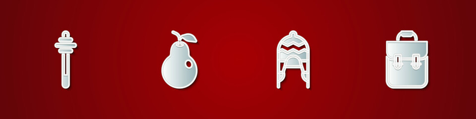 Sticker - Set Honey dipper stick, Pear, Winter hat and School backpack icon. Vector