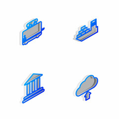 Canvas Print - Set Isometric line Cargo ship, Toaster with toasts, Bank building and Cloud upload icon. Vector