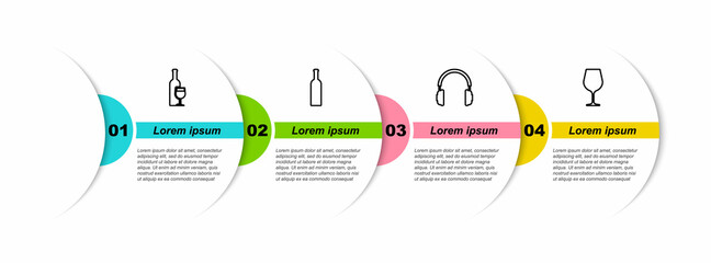 Sticker - Set line Wine bottle with glass, Bottle of wine, Headphones and . Business infographic template. Vector