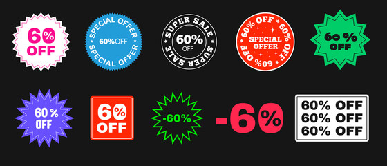 Sticker - 60% Off Offer Price Tag Sticker. Special Offer Badge Elements. Cool Trendy Promo Sale Banner. Discount promotion.