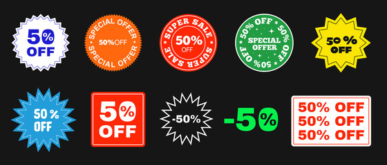 Sticker - Set of 50% Off Sticker, Patch, Pin Icons Vector Design. Special Offer Badge Elements. Cool Trendy Promo Sale Price Tag. Discount promotion.