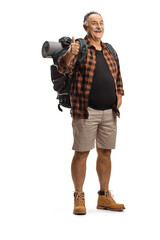 Poster - Full length portrait of a mature hiker carrying a backpack and showing thumbs up