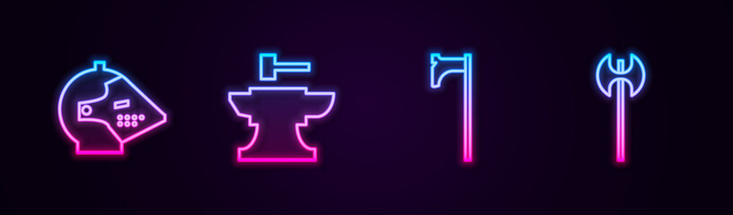 Set line Medieval iron helmet, Anvil for blacksmithing hammer, axe and . Glowing neon icon. Vector