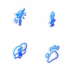 Wall Mural - Set Isometric line Sword for game, Magic staff, Video bar and Bear paw footprint icon. Vector