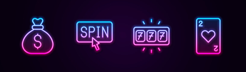 Sticker - Set line Money bag, Slot machine spin button, with jackpot and Playing card heart. Glowing neon icon. Vector