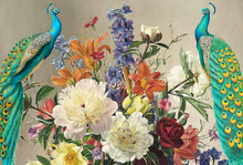 Wallpaper Drawing With Oil Colors A Group Of Colorful Flowers And Two Peacocks