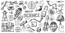 Science Banner. Engraved Hand Drawn In Old Sketch And Vintage Style. Astronaut And Rocket. Scientific Formulas And Calculations In Physics And Mathematics And Biology Or Astronomy On Whiteboard.