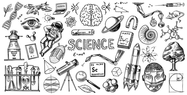 Fototapete - Science banner. Engraved hand drawn in old sketch and vintage style. Astronaut and rocket. Scientific formulas and calculations in physics and mathematics and biology or astronomy on whiteboard.