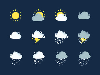 Weather condition icon set on dark blue background, best for animation, app design and print, editable vector.