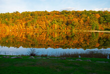 Lake Marcia Of New Jersey's High Point State Park, On A Sunny Autumn Day, Surrounded By Luscious Foliage -03