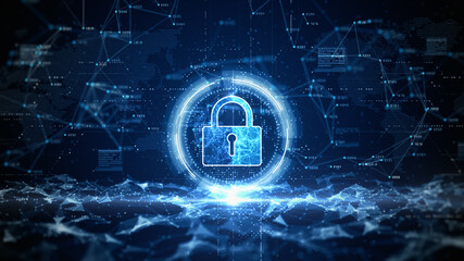 Poster - HUD Padlock Icon Cyber Security, Digital Data Network Protection, Future Technology Digital Data Network Connection Background Concept. 3d rendering