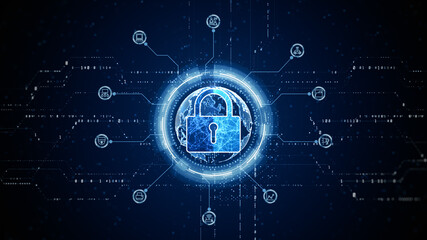 Poster - HUD Padlock Icon Cyber Security, Digital Data Network Protection, Future Technology Digital Data Network Connection Background Concept. 3d rendering
