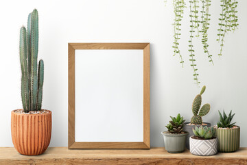 Canvas Print - Wooden picture frame on a shelf with cactus