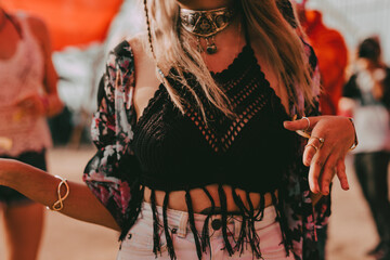 Summer music festival aesthetic, boho girl fashion photo