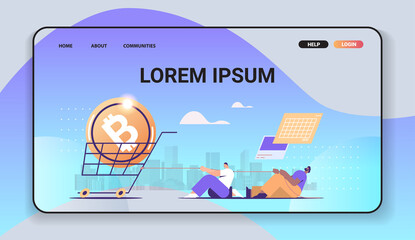 Poster - businesspeople pulling trolley cart with bitcoin coin on rope cryptocurrency mining virtual money digital currency concept