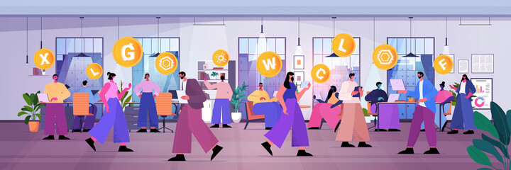 Poster - businesspeople using cryptocurrency mining app on laptops virtual money transfer application