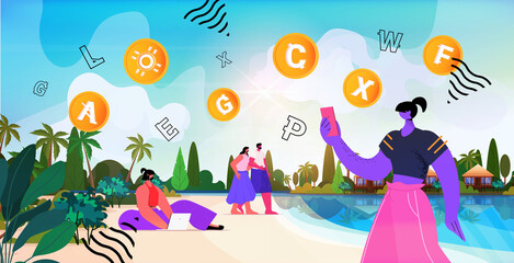 Poster - people using cryptocurrency mining application onlaptop virtual money transfer app banking transaction digital currency