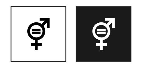 Gender equality icon. Equity parity men and women logo. Collection of black and white icons isolated on background. Rights gender equality symbol. Discrimination. Flat design. Vector illustration.