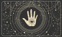 Frame For Astrology, Tarot, Palmistry, Fortune Telling. Palm And All-seeing Eye On A Black Mystical Background Of The Universe With Stars. Vector Wallpaper, Hand Drawing.