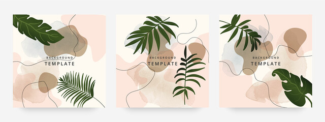 Square web banners background for social media with place for text and photo. Tropical leaves and organic shape watercolor style background for advertising, social media post, wall art, canvas prints.