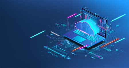 Wall Mural - Laptop with programming code and cloud storage in isometric. Futuristic banner Software development, UI and saving data to cloud storage. Web coding and synchronization on a remote server. Vector