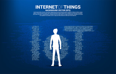 Poster - Businessman standing and IoT wording from one and zero binary graphic style. Digital Concept for internet of Things Technology.