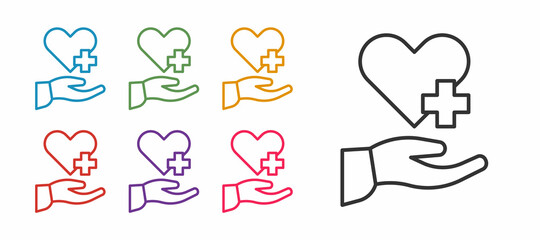 Set line Heart with a cross icon isolated on white background. First aid. Healthcare, medical and pharmacy sign. Set icons colorful. Vector