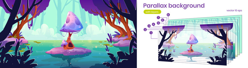 Poster - parallax background fantasy 2d landscape with huge mushroom in forest pond or swamp. alien planet na