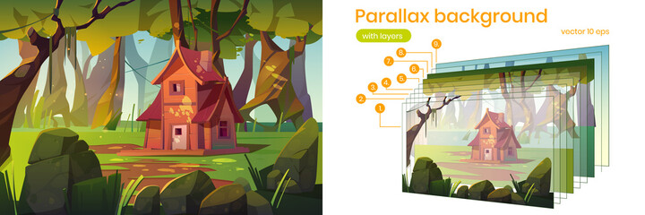 Wall Mural - parallax background wooden house in summer forest. old shack in deep wood 2d nature landscape. carto