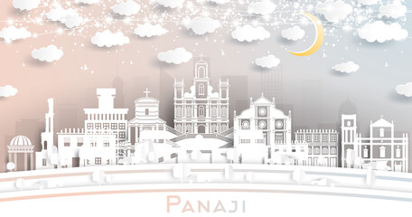 Fototapete - Panaji India City Skyline in Paper Cut Style with White Buildings, Moon and Neon Garland.