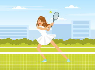 Sticker - Olympic Sport with Woman Hitting Ball with Racket Playing Tennis Vector Illustration