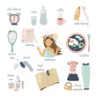 Daily woman morning routine cute infographic with meditation, daily hygiene, reading books and planning, healthy eating and choosing clothes. Cartoon vector illustration