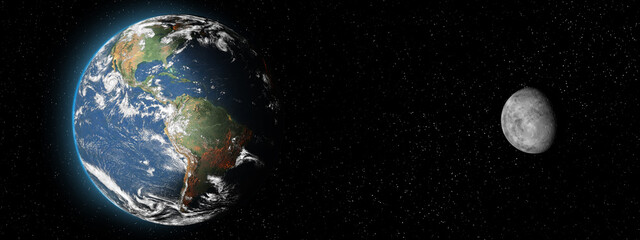 Wall Mural - earth planet and moon satellite on dark background. aspect ratio. elements of solar system. banner w