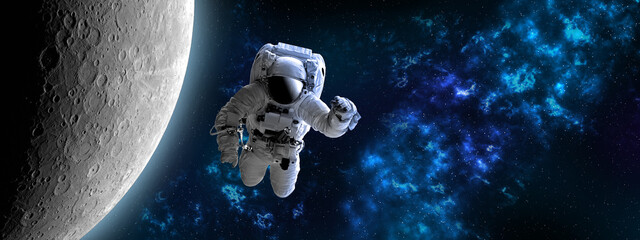 Wall Mural - astronaut in outer space near moon, which is behind. blue beautiful nebula.elements of this image fu