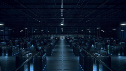 Poster - Female IT Specialist Uses Tablet Computer in Data Center. Server Farm Cloud Computing Facility with Maintenance Administrator Working. Cyber Security Engineer Working in Personal Network Protection.
