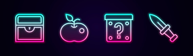 Set line Antique treasure chest, Poison apple, Mystery box and Dagger. Glowing neon icon. Vector